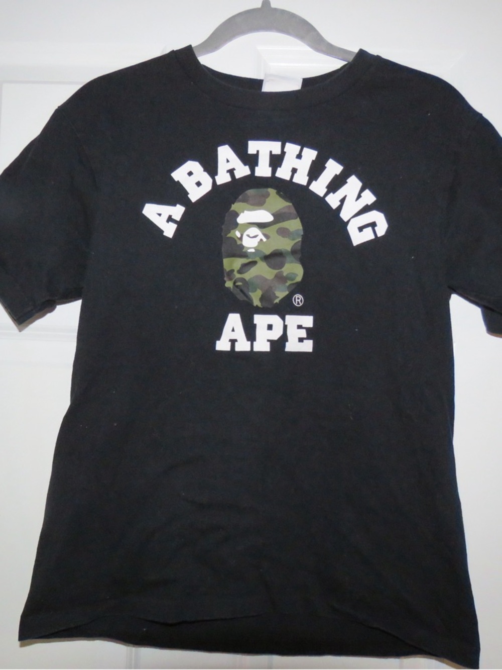 Bape Black Tee with Green Camo Ape Head Logo